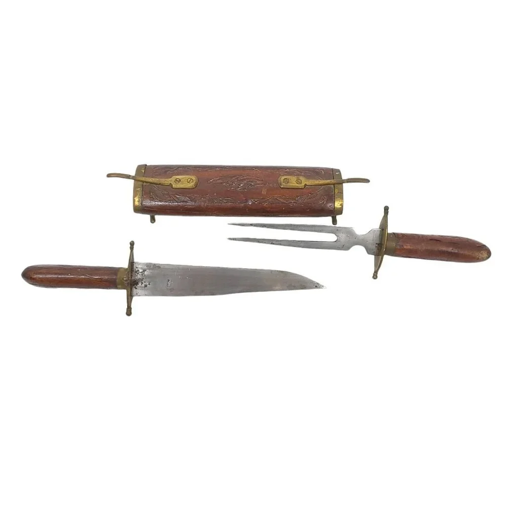 Vintage Carving Knife Fork Set Carved Wood Sheath Brass Engraved India